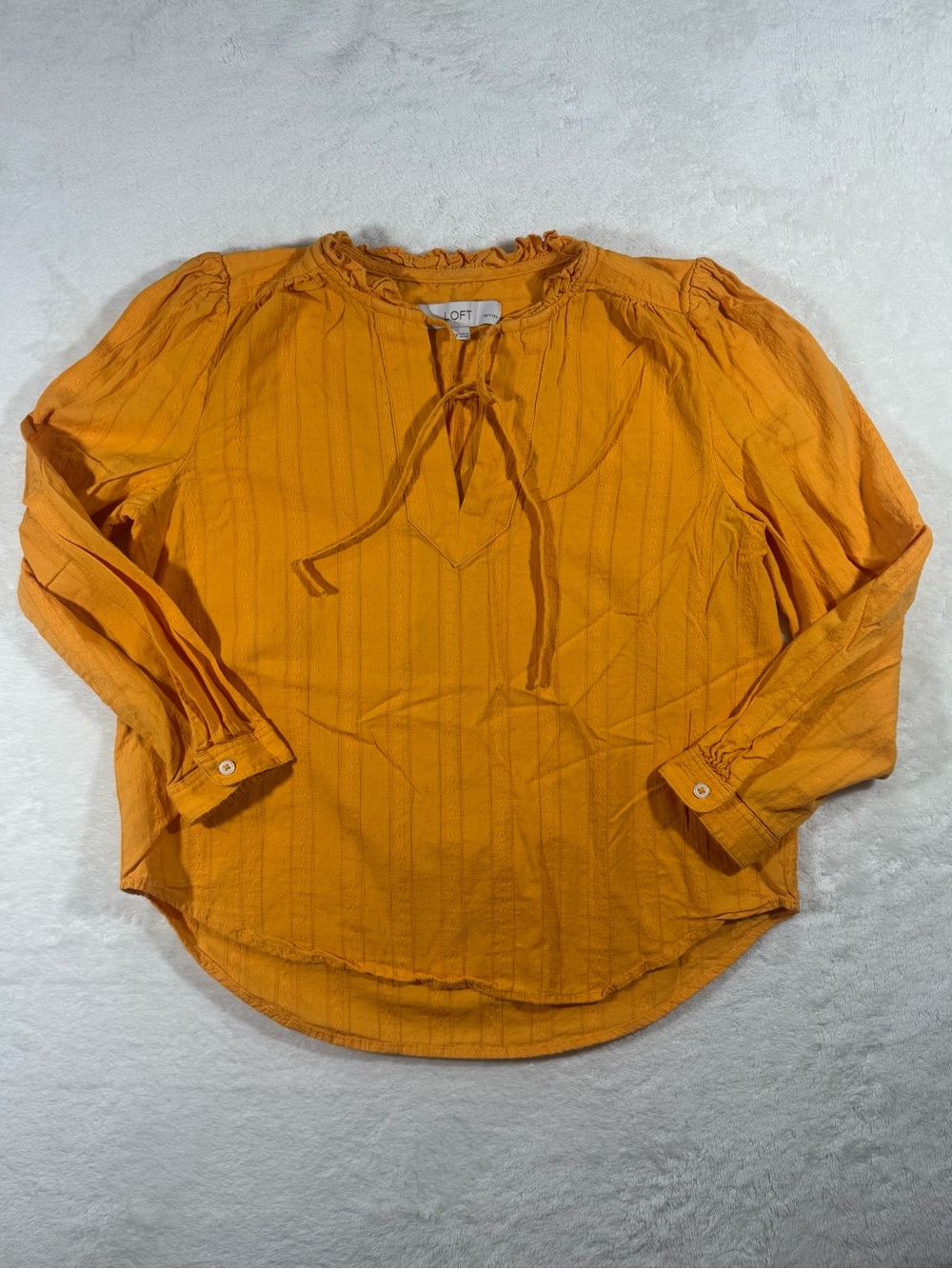 LOFT Petite 100% Cotton Ruffle Tie Neck Blouse Mustard Yellow XSP